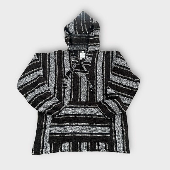Authentic Mexican Baja woven pullover hoodie boxy wide stripes black gray WomenM - Picture 5 of 12